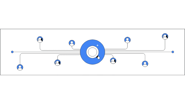 A central blue circle with a magnifying glass icon connects to smaller circles with user icons, illustrating how Google AI Max enhances search campaigns by connecting and supporting multiple users in a network.