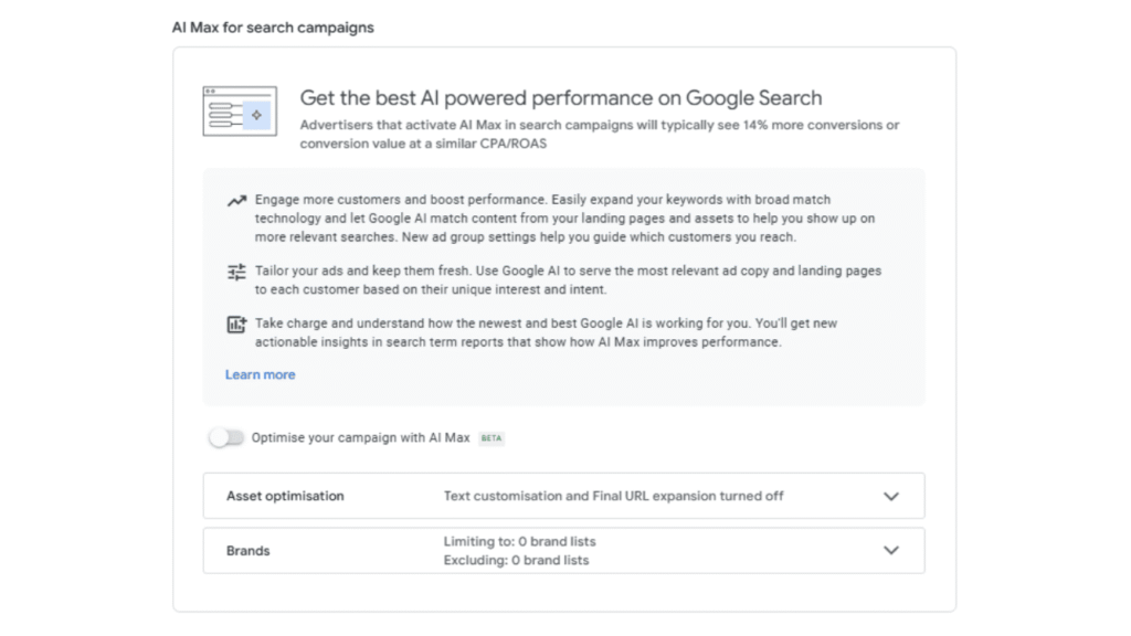 A Google Ads interface screen displays information about AI-powered performance on Google Search and PMax, with expandable sections for asset optimization, brand settings, and campaign customization options.