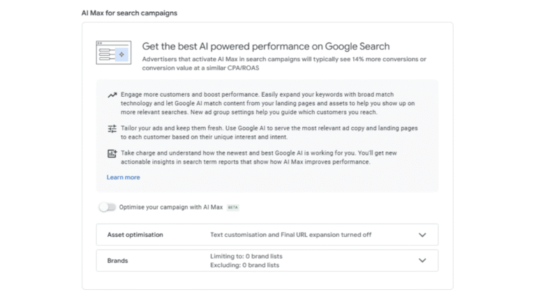 A Google Ads interface screen displays information about AI-powered performance on Google Search and PMax, with expandable sections for asset optimization, brand settings, and campaign customization options.