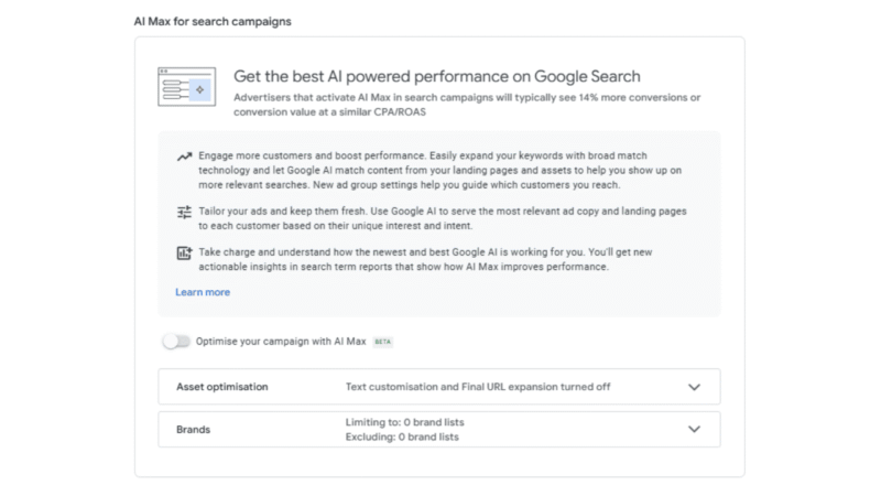 A Google Ads interface screen displays information about AI-powered performance on Google Search and PMax, with expandable sections for asset optimization, brand settings, and campaign customization options.