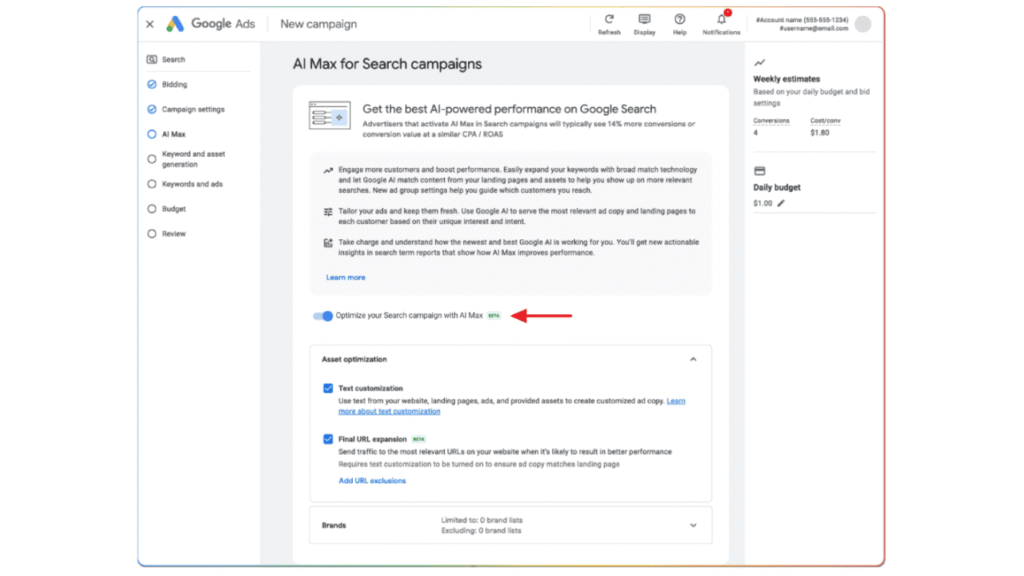 Screenshot of an Official Google Ads campaign setup page highlighting the “Optimize your Search Campaigns with AI Max” option using a red arrow, with various AI-powered campaign tools and settings visible in the background.