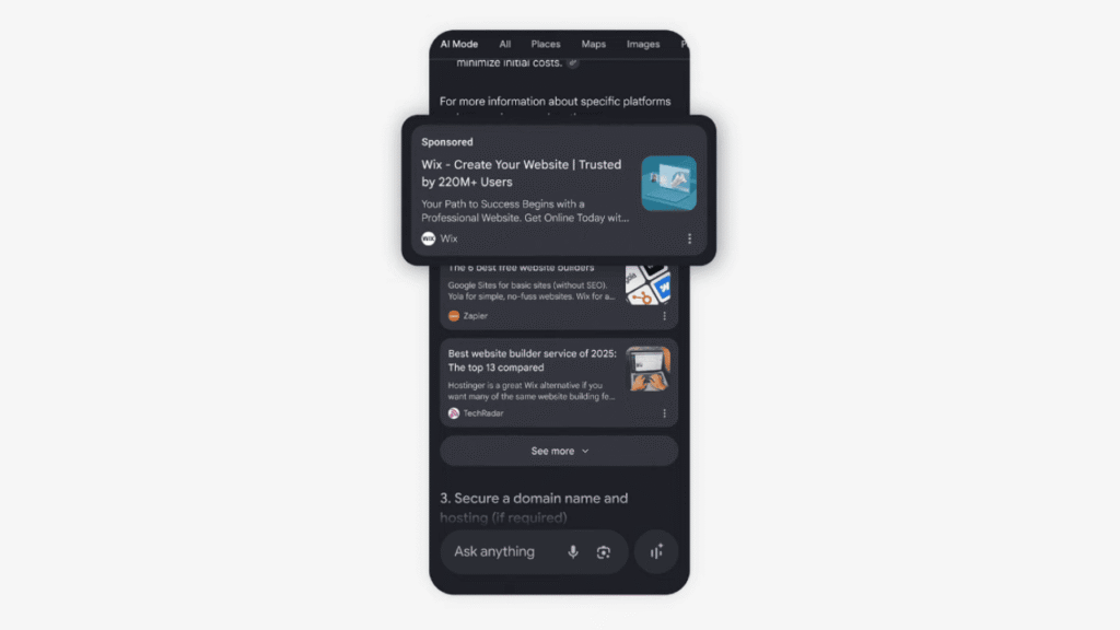 A smartphone screen displays a Google search result for creating a website, featuring Search Ads like a sponsored Wix ad and website builder recommendations in dark mode.