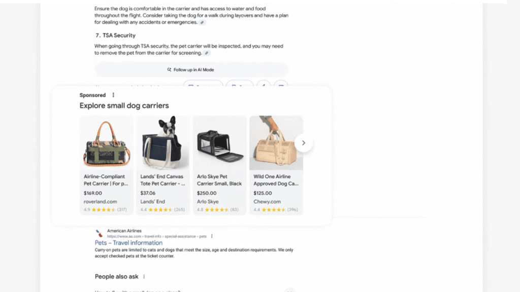 A Google desktop search results page displays a carousel titled "Explore small dog carriers," showing various pet carriers with images, prices, ratings, and store names, including Land's End and Wild One, alongside Ads in AI Overviews.