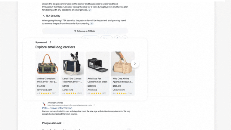 A Google desktop search results page displays a carousel titled "Explore small dog carriers," showing various pet carriers with images, prices, ratings, and store names, including Land's End and Wild One, alongside Ads in AI Overviews.