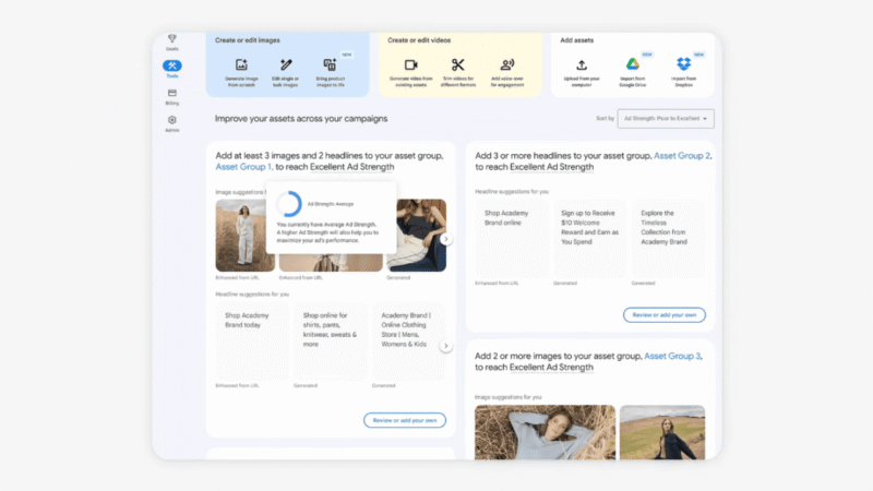 A computer screen displays the Asset Studio interface, a unified creative tool within Google Ads, with options to add images, videos, and text headlines for a campaign. Sample images, suggestions, and various tools are organized in columns and sections.