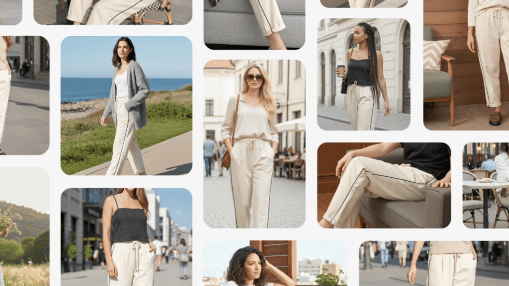 Collage of women wearing light-colored trousers in various outdoor and indoor settings, styled in casual, chic outfits—perfect visuals for Google Ads or creative projects using Asset Studio.