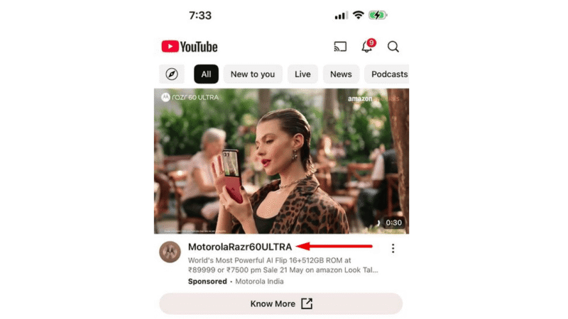 A woman in a leopard-print outfit holds a Motorola Razr 60 Ultra phone in a YouTube Ads spot. The sponsored ad features bold text styling and clearly shows product and pricing details below the video thumbnail.