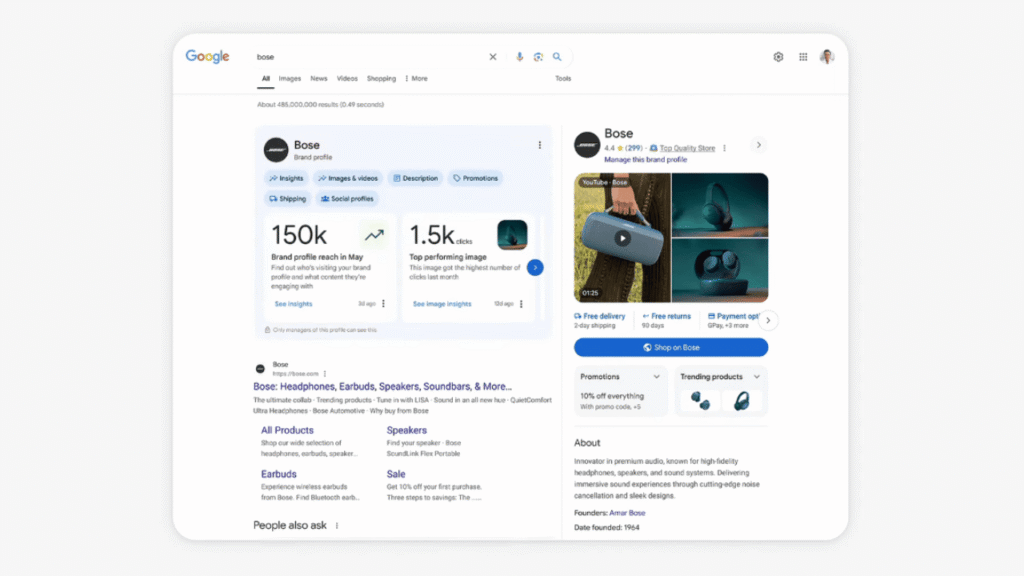 Screenshot of Google search results for "Bose," highlighting the Brand Profile with images of audio products, informational cards, stats, and links—showcasing how Identity in Search enhances visibility and details about the brand’s offerings.
