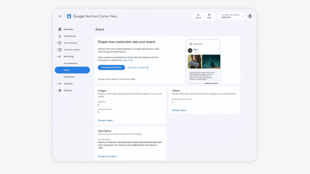 A Google Merchant Center dashboard displays the "Brand" section, featuring options to manage Brand Profile settings, images, descriptions, and videos, with navigation menu items on the left side of the screen.