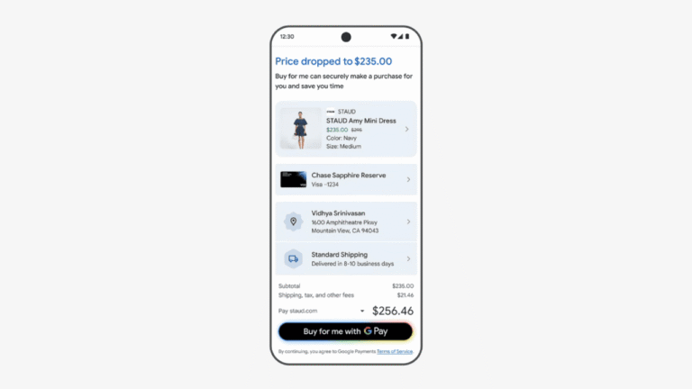 A smartphone screen displays a checkout page for a dress priced at $235.00, featuring agentic shopping tools, payment options, subtotal, shipping, tax, and a highlighted “Buy for me with G Pay” button at the bottom.
