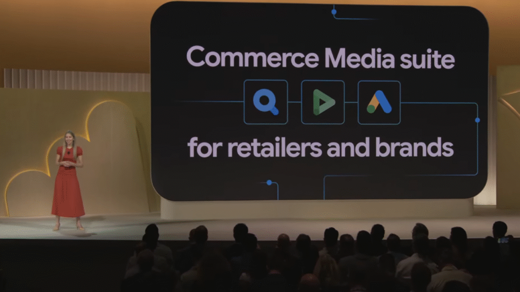 A woman in a red dress stands onstage next to a large screen displaying “Commerce Media Suite for retailers and brands” with three icons, highlighting the power of first-party data as she addresses an engaged audience.