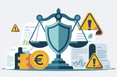 A balanced scale with a shield at its center, surrounded by warning signs, documents, coins with a euro symbol, and legal icons, symbolizing financial and legal risks like a potential GDPR fine.