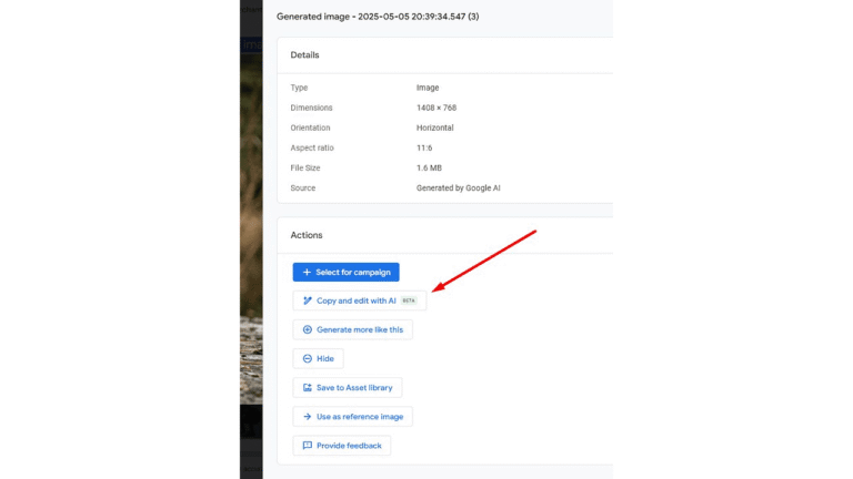 Screenshot of an image details page with an arrow pointing to the “Copy and Edit with AI” button under the Actions section, highlighting options for using the image or AI editing in different ways, similar to features found in the Google Ads Library.