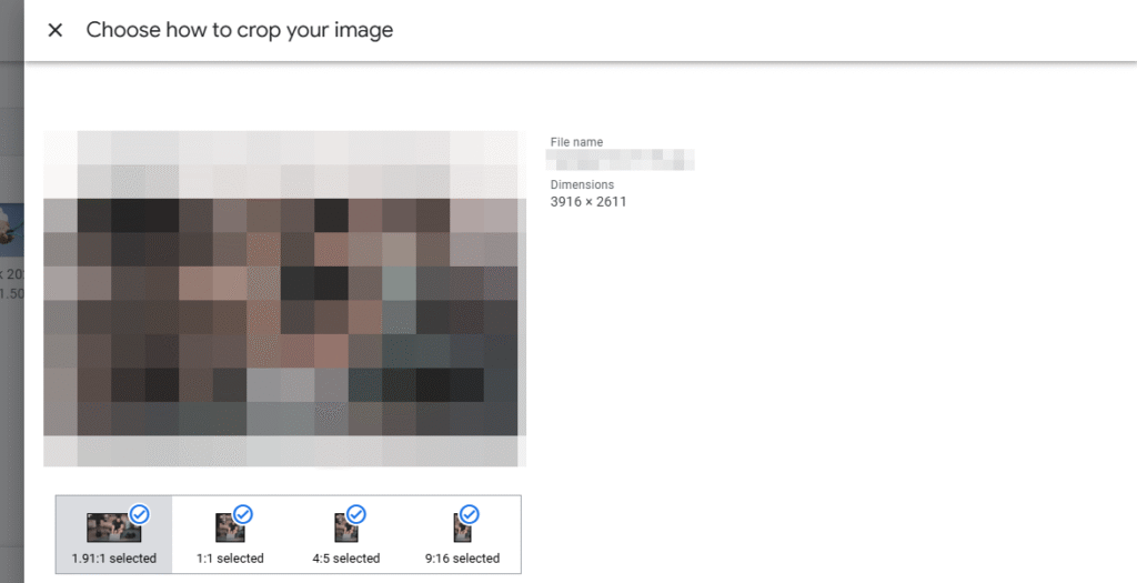 A computer screen displays an image cropping tool with a pixelated preview, file name, and dimensions—perfect for creating 9:16 format Image Ads. Thumbnails below show options for selecting different crop amounts.