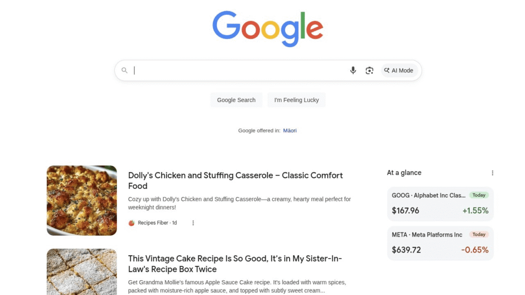 A Google search results page displays recipes, including “Dolly’s Chicken and Stuffing Casserole,” and financial data for Alphabet and Meta stocks on the right side. The Google logo and search bar are at the top.