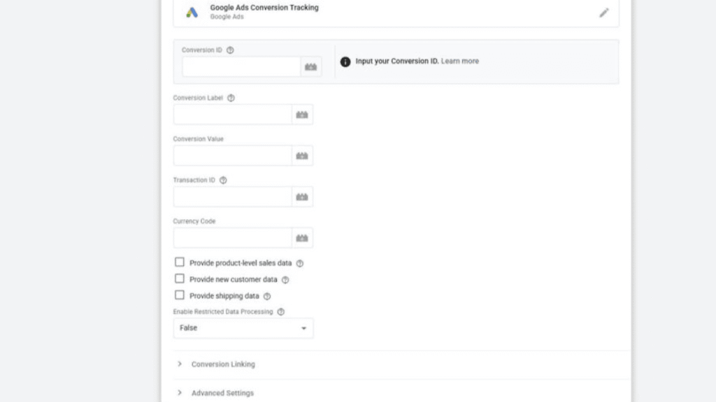 Screenshot of a Google Ads Conversion Tracking setup page in GTM, displaying empty fields for Conversion ID, Label, Value, Transaction ID, Currency Code, and options related to Enhanced Conversions Setup.