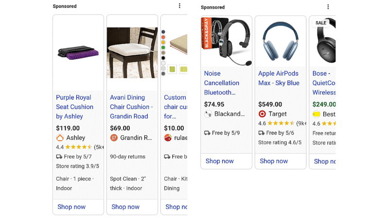 A screenshot of two Google Test Shopping Ads displays products like a seat cushion, headphones, and Apple AirPods Max, along with prices, stores, ratings, favicons, and product images.