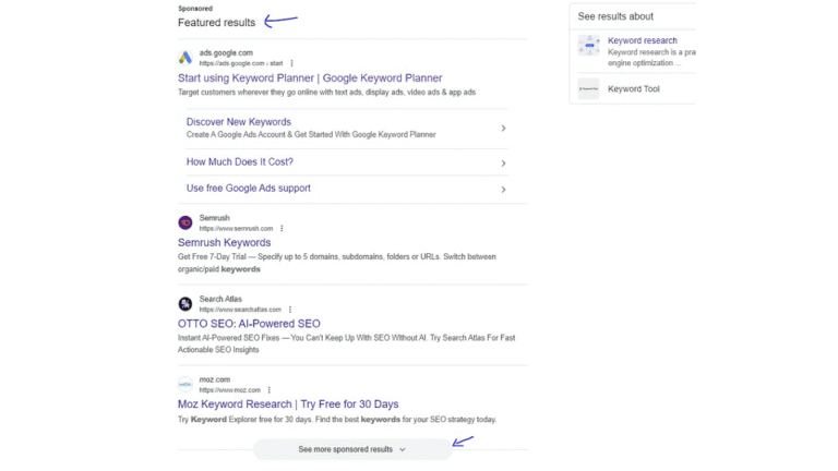 A screenshot of a Google Search results page shows arrows pointing to Featured Results at the top and a button labeled “See more sponsored results” at the bottom, with visible Ad Labels on sponsored links in between.