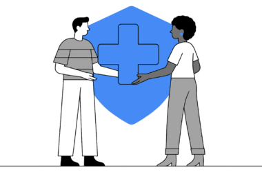 Illustration of two people shaking hands in front of a large blue shield with a medical cross, symbolizing healthcare partnership, medical insurance, or healthcare professional targeting in line with Google ads policy.