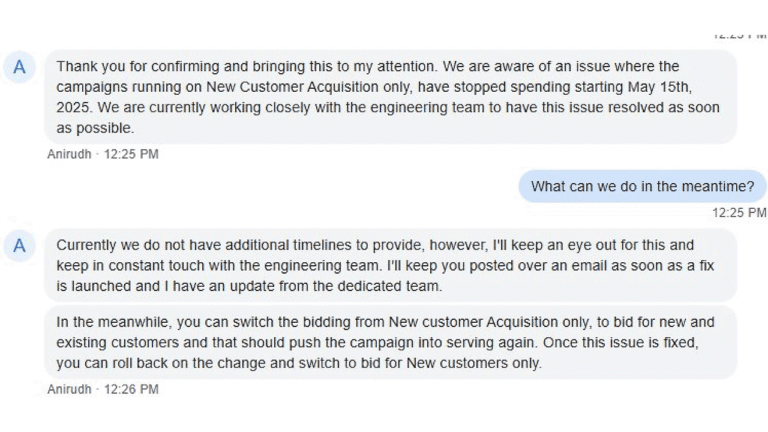 Screenshot of a chat conversation discussing a paused campaign issue. Anirudh explains the situation, confirms ongoing work with the engineering team on a Google Ads bidding bug, and suggests switching campaign bidding while awaiting a fix.