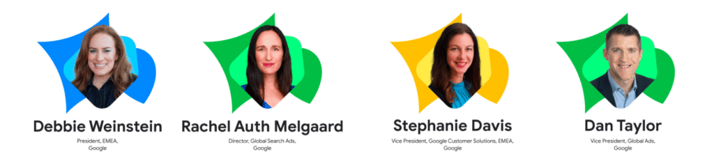 Four Google executives—Debbie Weinstein, Rachel Auth Melgaard, Stephanie Davis, and Dan Taylor—are featured in individual portraits with colorful backgrounds and their names and titles displayed below for Google Marketing Live 2025 - regional EMEA event.