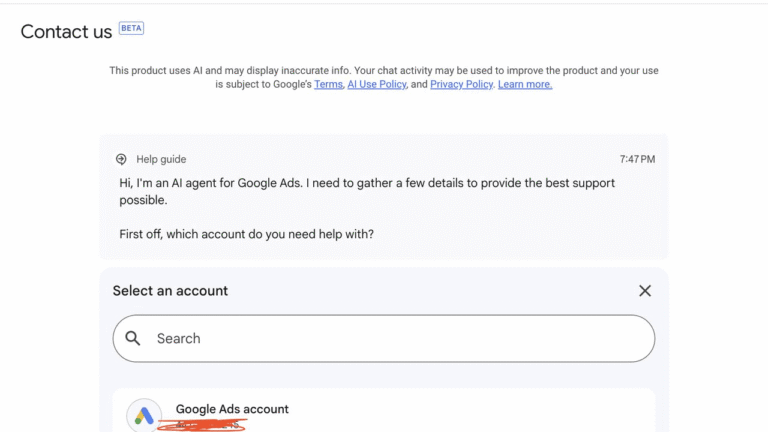 A Google support page shows a chat with an AI agent for Google Ads, asking which account the user needs help with. Below, there’s a search bar and an option to select a Google Ads account.