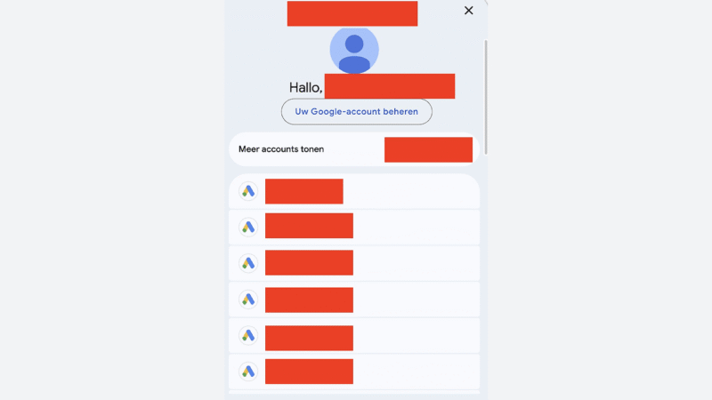 A Google account login screen in Dutch displays a menu interface with multiple account options, profile icons, and redacted names, along with buttons labeled "Uw Google-account beheren," "Meer accounts tonen," and a link to Google Ads.