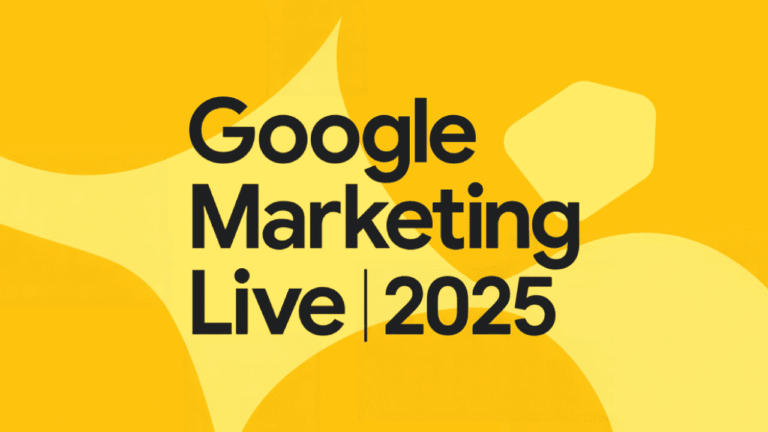 Yellow graphic background with bold black text that reads "Google Marketing Live 2025." Geometric shapes in lighter yellow shades appear behind the text, creating a sleek and modern Google Marketing Live design.