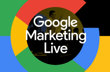 A circular Google Marketing Live logo background with "Google Marketing Live" in white, and a silhouette of people at the event visible inside the circle, capturing an event overview.