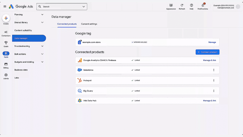 Google Ads Data Manager interface showing connected products—Google Analytics 4, Salesforce, HubSpot, BigQuery, and Ads Data Hub—giving advertisers data control with easy options to manage and link products through Google Tag Gateway.