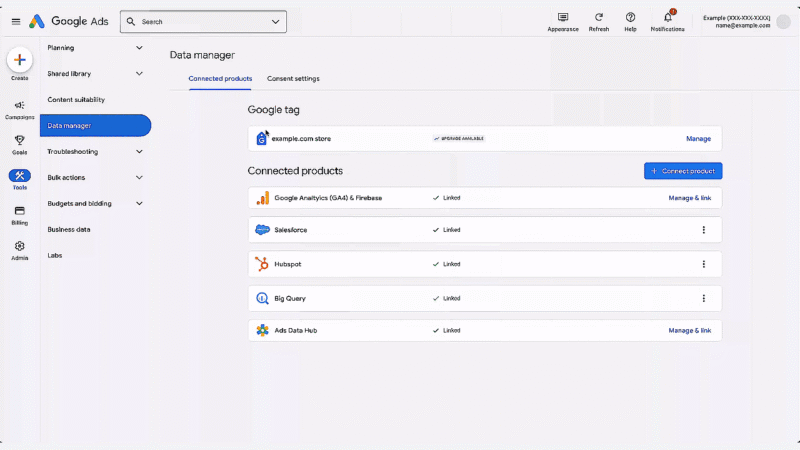 Google Ads Data Manager interface showing connected products—Google Analytics 4, Salesforce, HubSpot, BigQuery, and Ads Data Hub—giving advertisers data control with easy options to manage and link products through Google Tag Gateway.