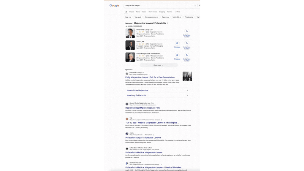 Google search results for "malpractice lawyer" in Philadelphia featuring Google Search Ads in identical placements, a directory of lawyers with reviews and contact info, a “People also ask” section, and links to local law firm websites.