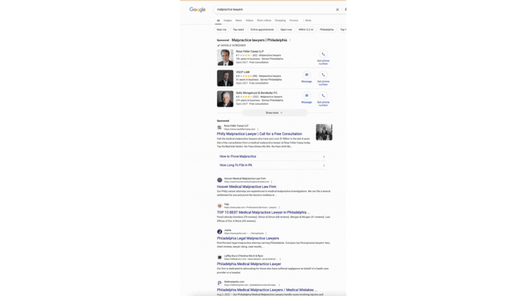 Google search results for "malpractice lawyer" in Philadelphia featuring Google Search Ads in identical placements, a directory of lawyers with reviews and contact info, a “People also ask” section, and links to local law firm websites.