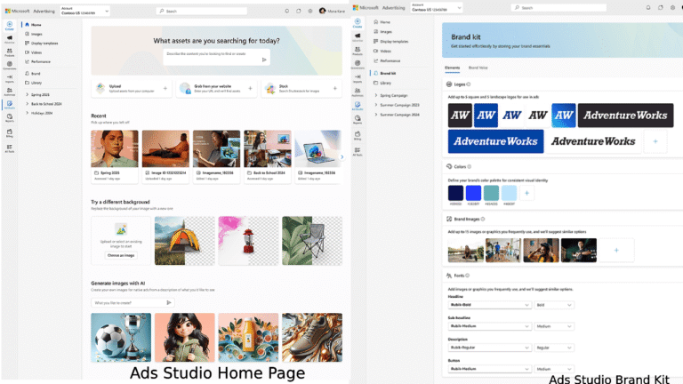 A screenshot displays the Ads Studio Home Page on the left, showcasing assets, editing options, and recent projects, while the Brand Kit page on the right highlights logo examples and color palettes—all powered by AI-Powered Ads from Microsoft Ads Editor.
