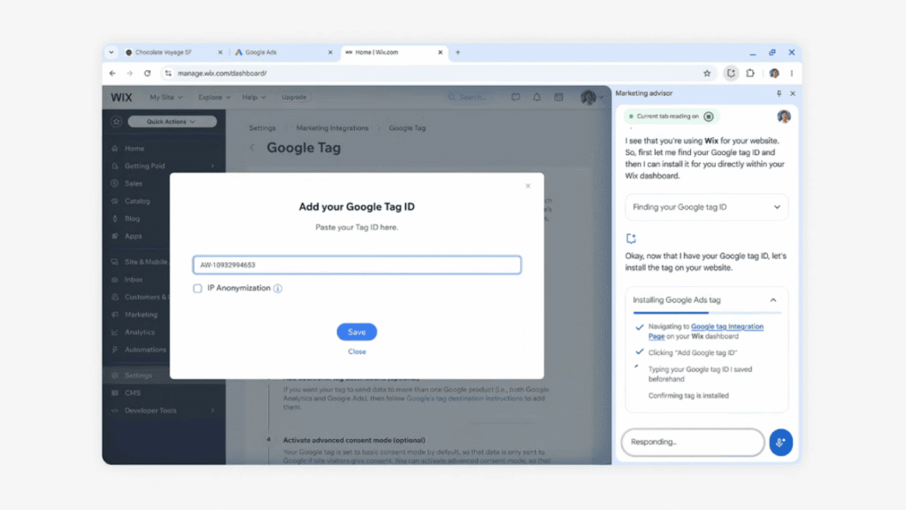 A Wix dashboard displays a pop-up titled "Add your Google Tag ID" with a tag ID field and save or close options. A real-time AI chat window on the right offers step-by-step guidance for installing the tag.