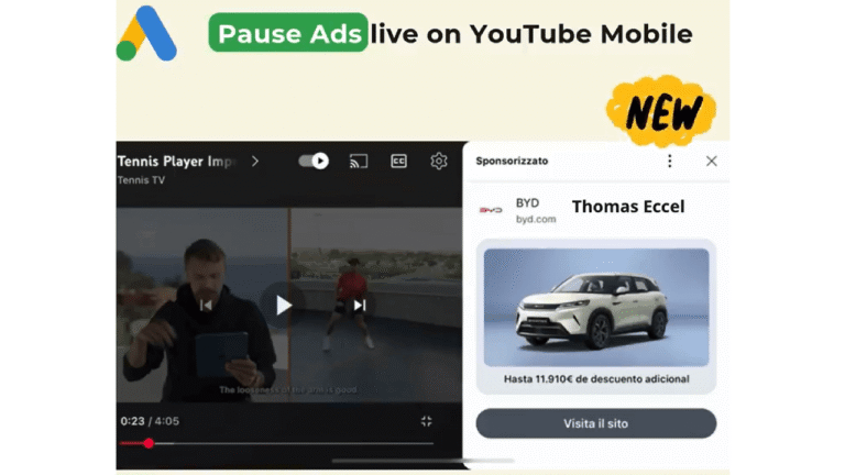 A YouTube Mobile screenshot shows a paused tennis video with a BYD car ad on the right, featuring a white SUV and a Spanish discount offer. "Pause Ads live on YouTube Mobile Devices" is written at the top.