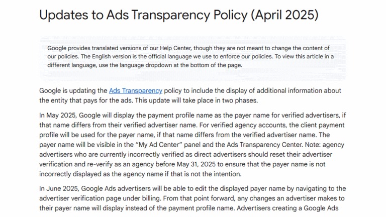 Screenshot of a Google support page titled "Updates to Ads Transparency Policy (April 2025)" outlining changes in Google ad transparency, including new requirements for displaying payer info and updating advertiser verification.