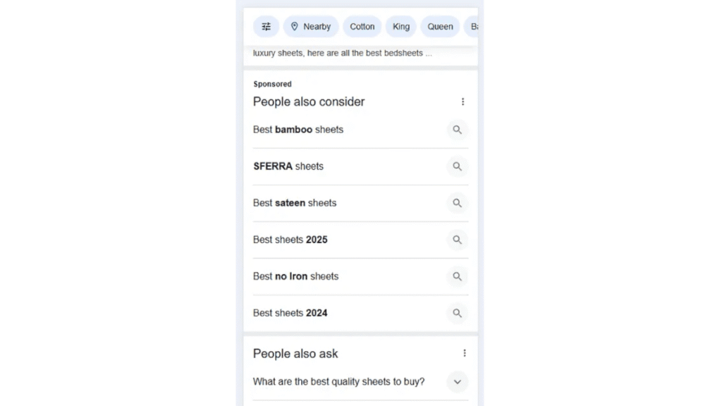 A Google search results page lists best bedsheets, including a Sponsored Section, and features searches like "Best bamboo sheets," "SFERRA sheets," "Best sateen sheets," and "Best no iron sheets" under People Also Consider.