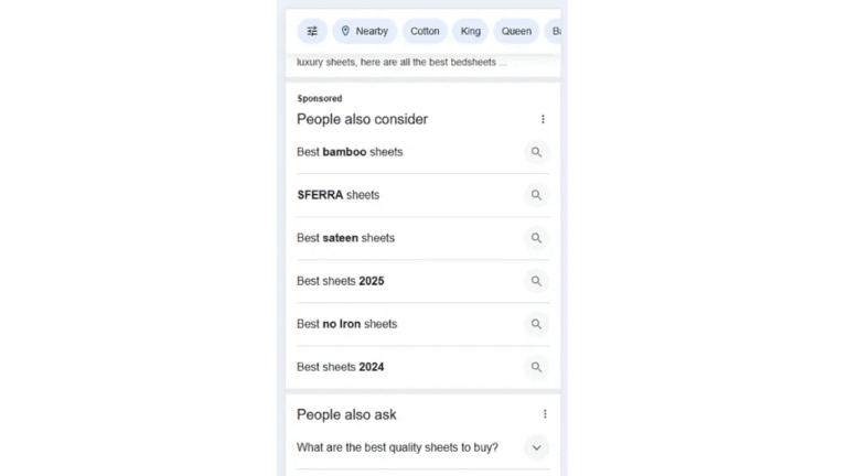 A Google search results page lists best bedsheets, including a Sponsored Section, and features searches like "Best bamboo sheets," "SFERRA sheets," "Best sateen sheets," and "Best no iron sheets" under People Also Consider.