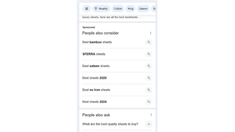 A Google search results page lists best bedsheets, including a Sponsored Section, and features searches like "Best bamboo sheets," "SFERRA sheets," "Best sateen sheets," and "Best no iron sheets" under People Also Consider.