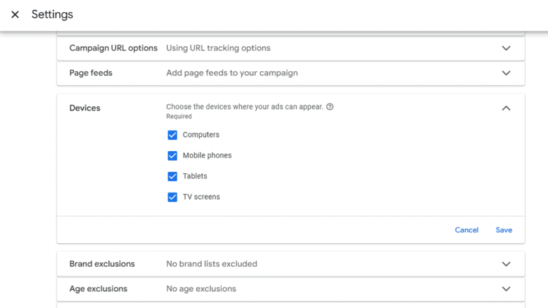A screenshot of ad campaign settings highlights device targeting options—Computers, Mobile phones, Tablets, and TV screens—all selected. The Performance Max interface features Cancel and Save buttons at the bottom right for streamlined device control.