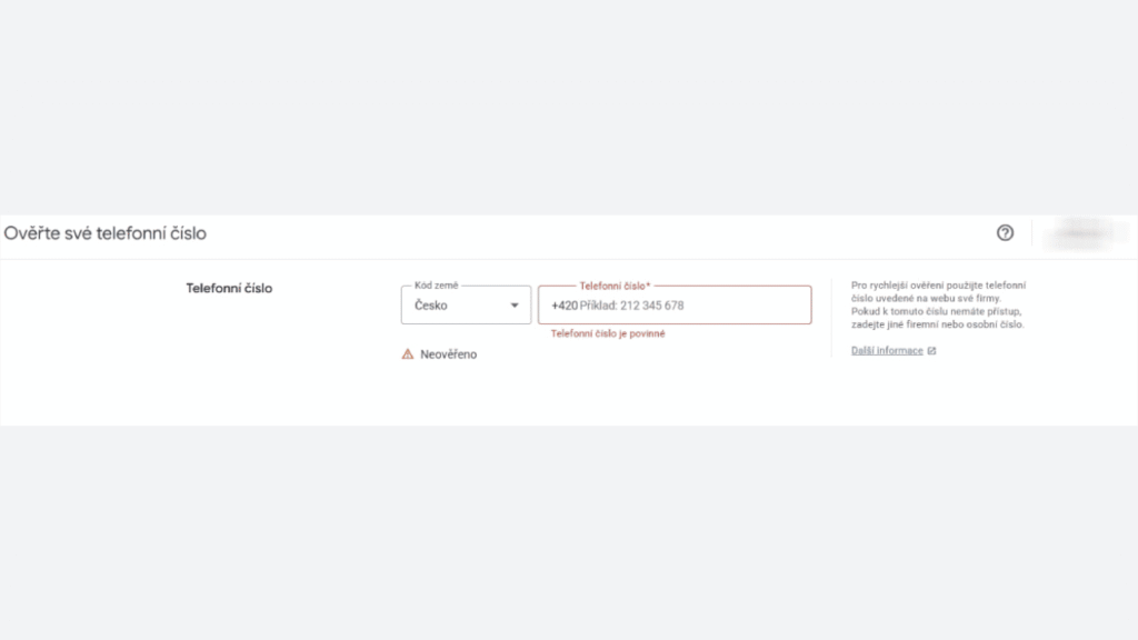 A Czech webpage form for Phone Verification prompts users to verify their phone number. The country code dropdown and phone number input fields are present, with errors highlighted in red if the Google Merchant Center verification disappears.