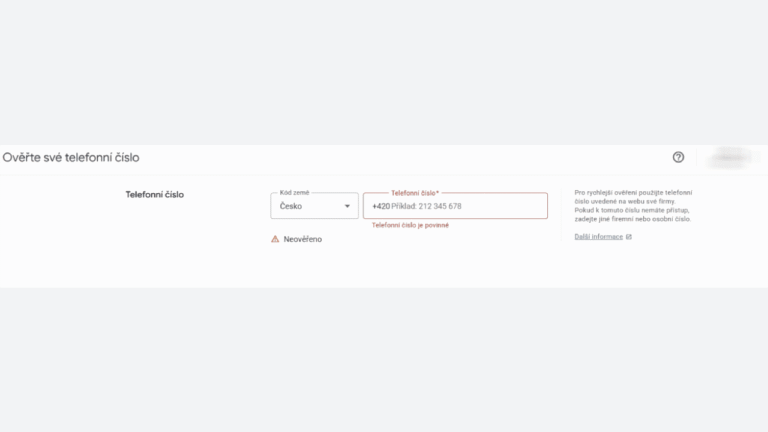 A Czech webpage form for Phone Verification prompts users to verify their phone number. The country code dropdown and phone number input fields are present, with errors highlighted in red if the Google Merchant Center verification disappears.