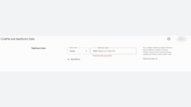 A Czech webpage form for Phone Verification prompts users to verify their phone number. The country code dropdown and phone number input fields are present, with errors highlighted in red if the Google Merchant Center verification disappears.