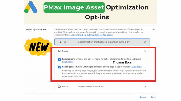 Screenshot of Google Ads interface showing Performance Max Image Asset Optimization. The "Image" option is highlighted in red, with options for Image Enhancements and "Landing page images" displayed.