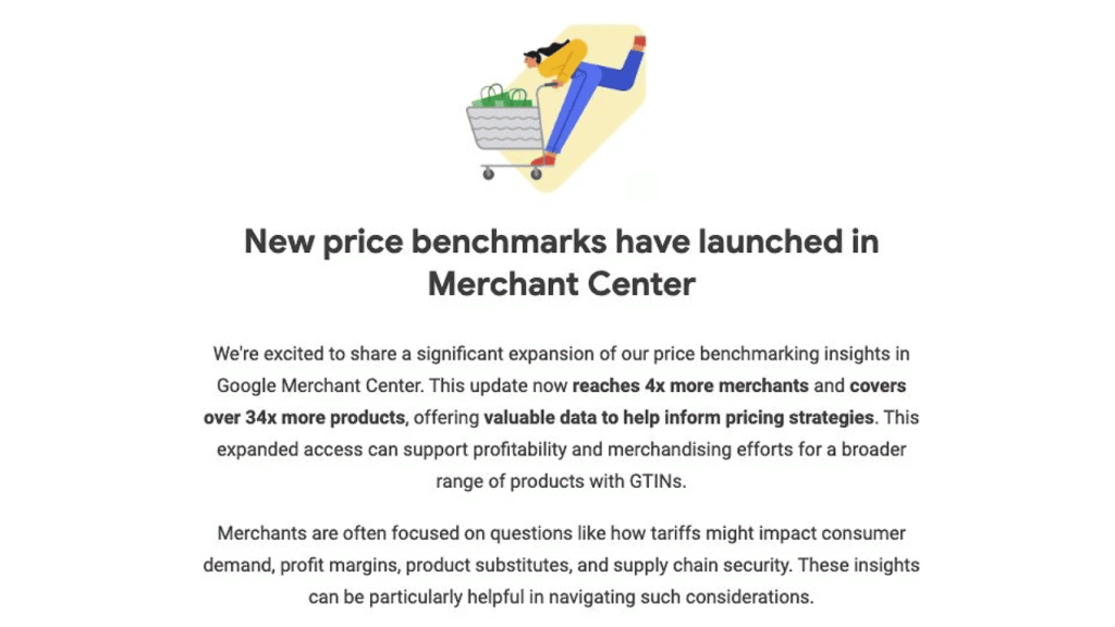 Illustration of a person pushing a shopping cart above a headline: "New price benchmarks have launched in Merchant Center," followed by text about enhanced Price Insights and its benefits for merchants.