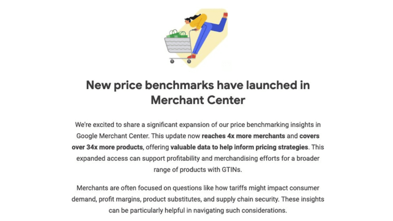Illustration of a person pushing a shopping cart above a headline: "New price benchmarks have launched in Merchant Center," followed by text about enhanced Price Insights and its benefits for merchants.