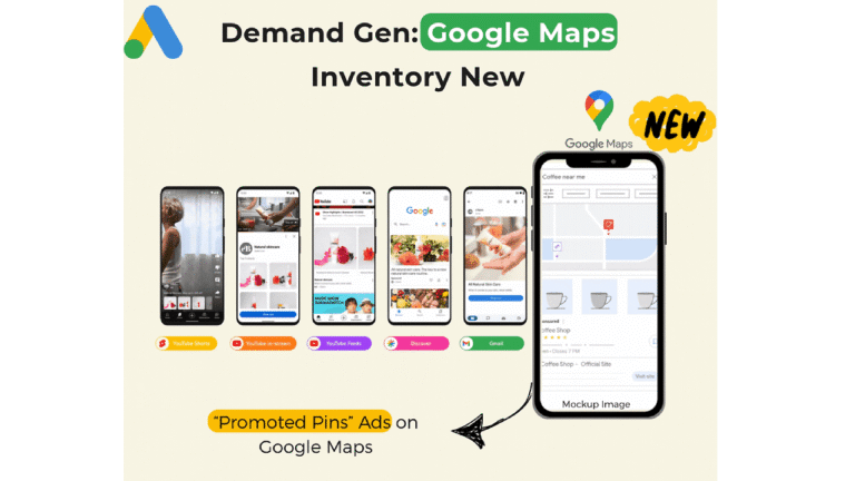 A graphic shows "Demand Gen: Google Maps Inventory New" with multiple phone screens displaying YouTube, Discover, Gmail, and Google Maps, highlighting new "Promoted Pins" ads added to the Maps Inventory.