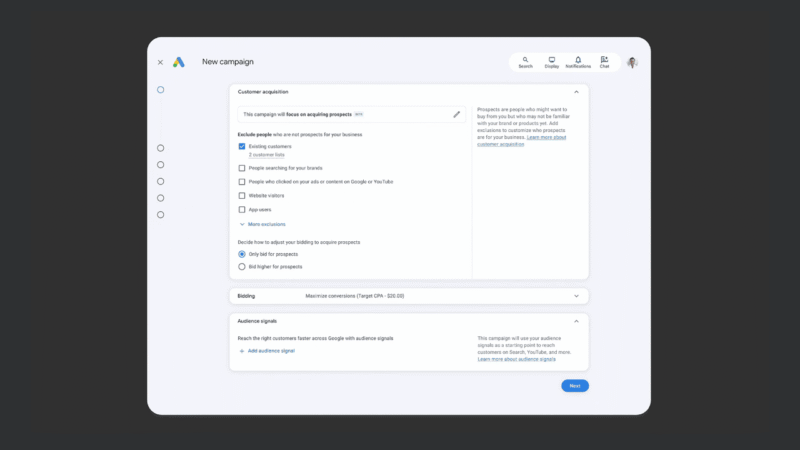 A computer screen displays the "New campaign" setup page in Google Ads, highlighting customer acquisition campaigns, options for prospecting controls, targeting, bidding, and audience signals, with a "Next" button at the bottom right.