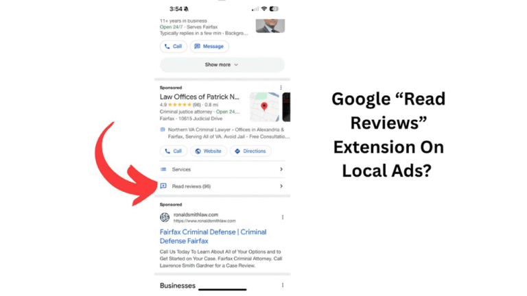 A smartphone displays a Google search with Local Ads for law offices. A red arrow highlights the “Read Reviews (96)” button. Text on the right asks: “Google ‘Read Reviews’ Extension On Local Ads?”.